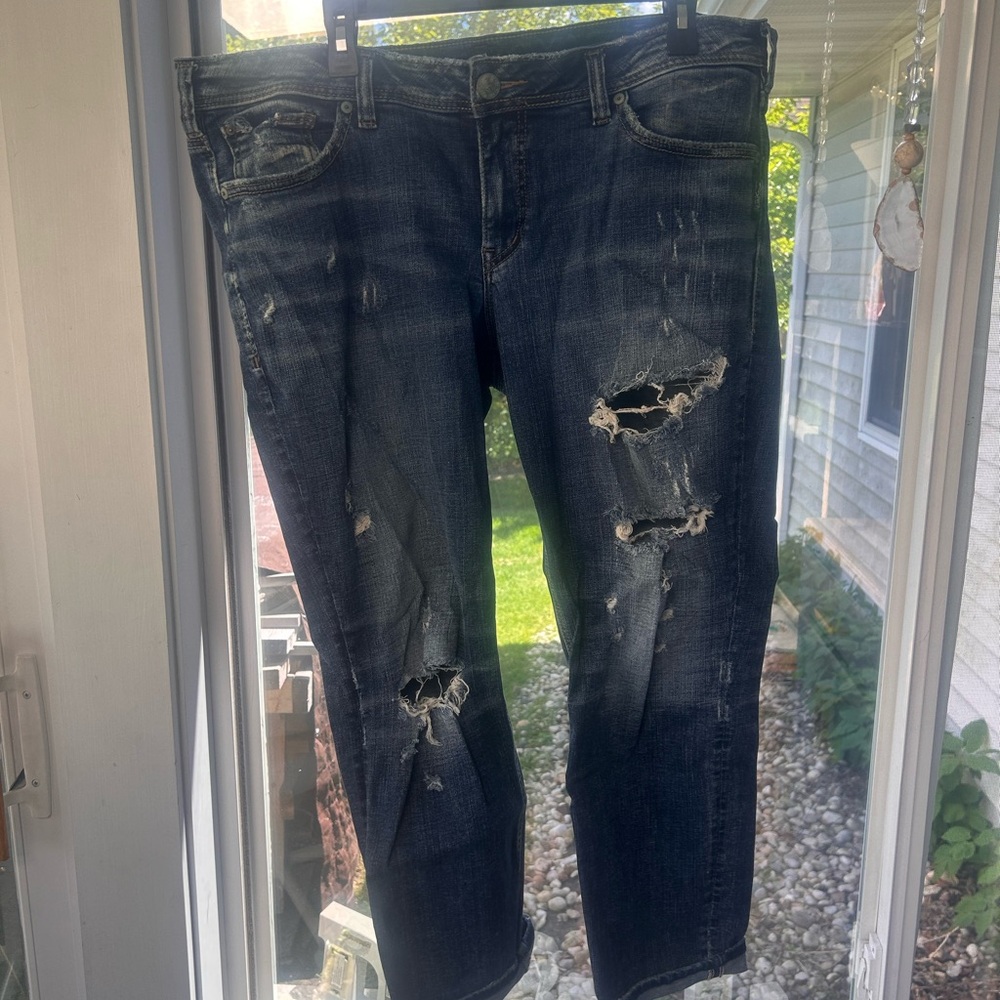Silver Jeans Distressed Dark Blue Ankle Jeans